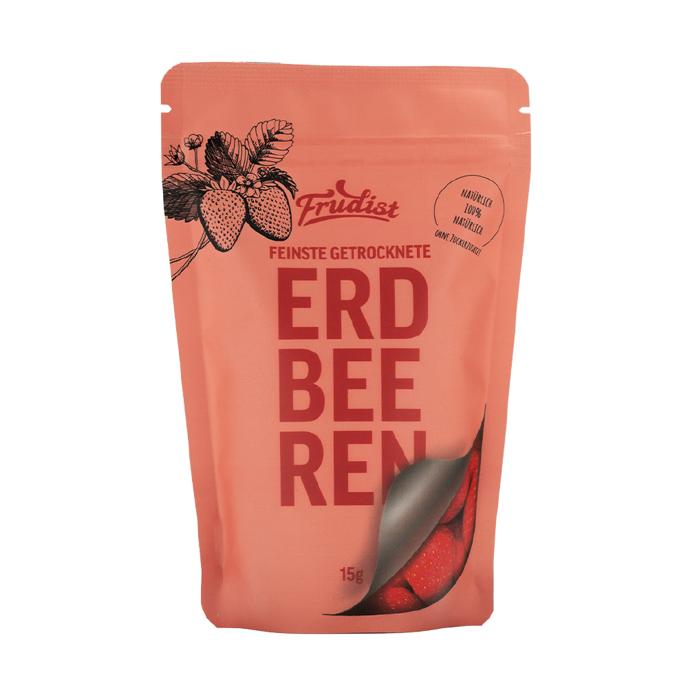 Vorderseite Verpackung gefriergetrocknete Erdbeeren