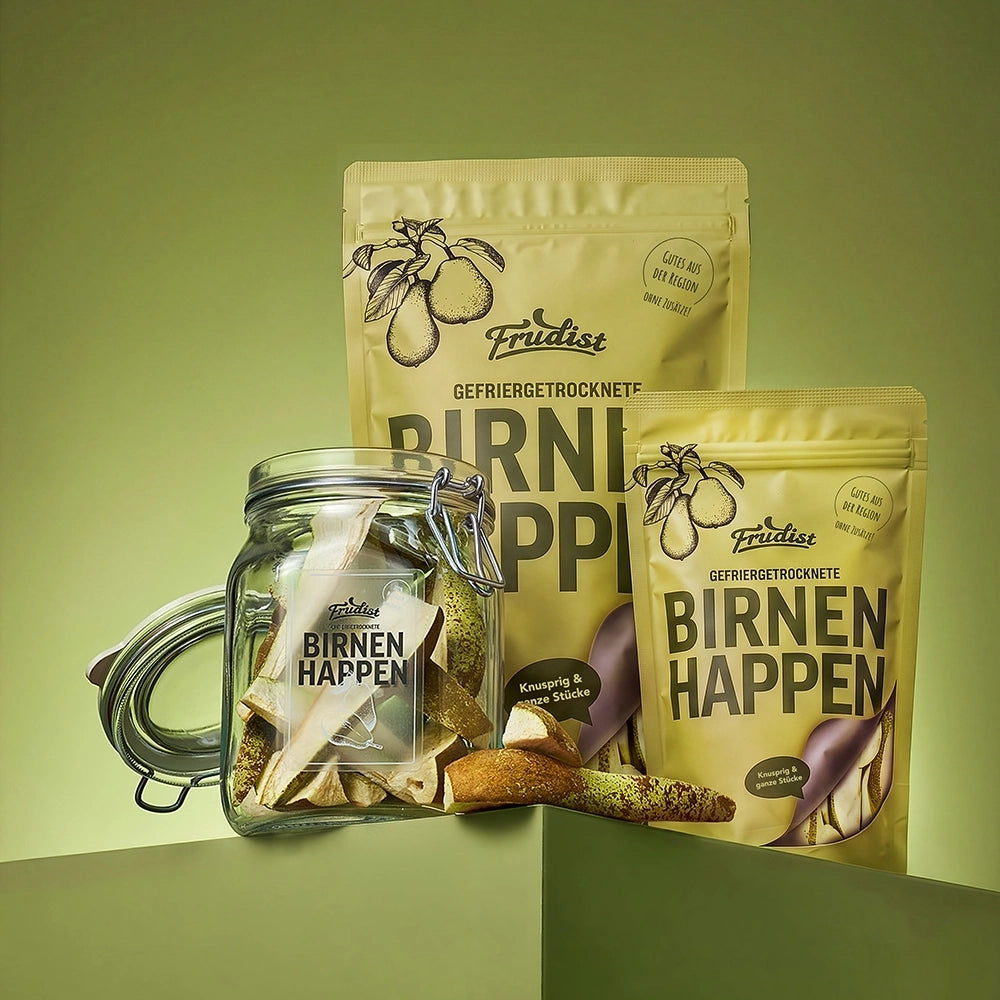 Gefriergetrocknete Birnen in Vorratsgröße, im Glas und in Snackgröße von FRUDIST