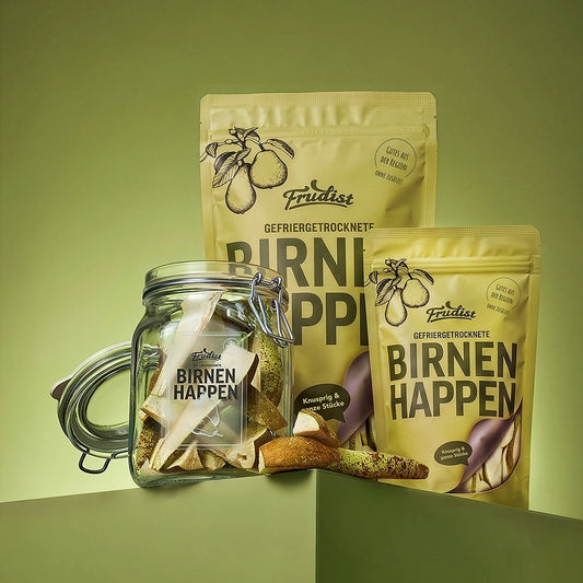 Gefriergetrocknete Birnen in Vorratsgröße, im Glas und in Snackgröße von FRUDIST
