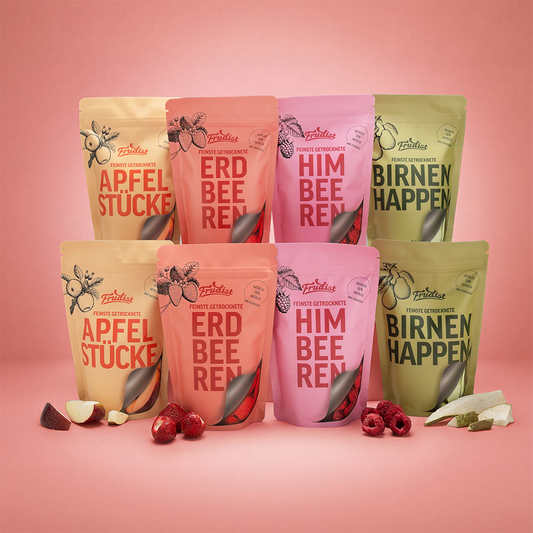 Gefriergetrocknete Früchte von FRUDIST im Probier-Set mit Äpfeln, Erdbeeren, Himbeeren und Birnen, jeweils in Snack- und Vorratsgröße