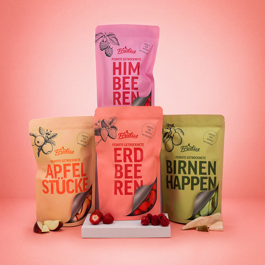 Set mit gefriergetrockneten Erdbeeren, Himbeeren, Birnen und Äpfeln von FRUDIST in Vorratsgrößen