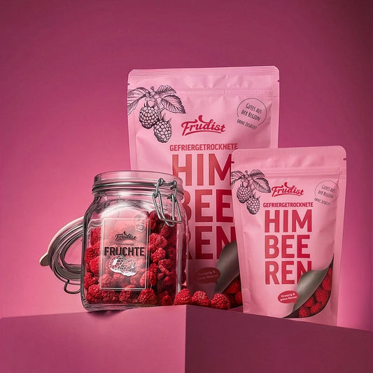 Gefriergetrocknete Himbeeren in Vorratsgröße, im Glas und in Snackgröße von FRUDIST